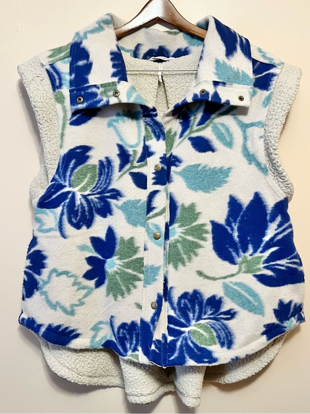 Free People Floral Sherpa-Lined Fleece Vest in Blue, Green & White